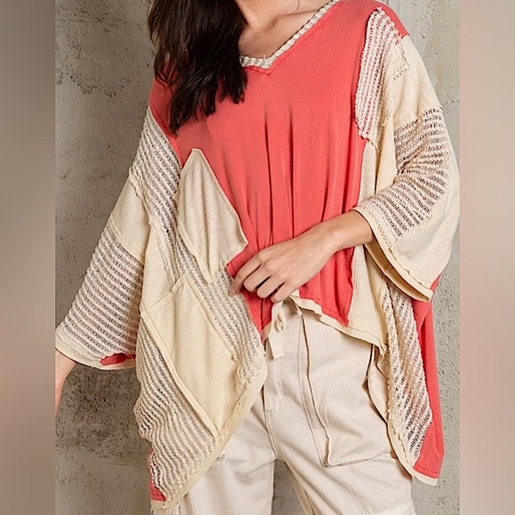 POL Peach Cream Oversized Boho Top Net Sleeve Color block Blouse - Picture 5 of 6